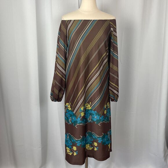 Vintage Boho Dress Size Medium Floral Brown Blue Off Shoulder 70s Retro Hippie - Picture 2 of 16